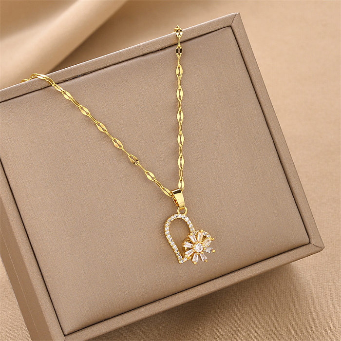 Fashion Heart Shape Flower Stainless Steel Plating Inlay Rhinestones Pendant Necklace 1 Piece