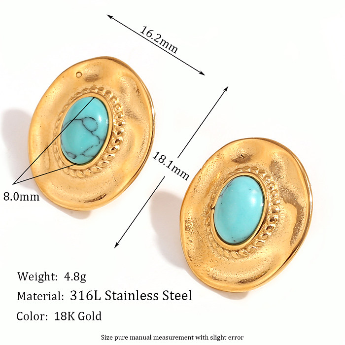 1 par de aretes chapados en oro de 18 quilates con incrustaciones ovaladas de estilo vintage de acero inoxidable y turquesa