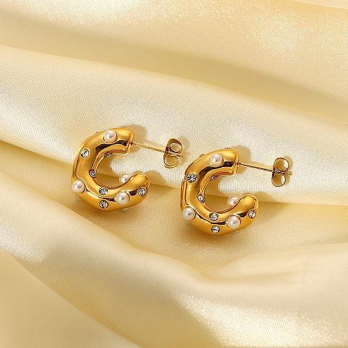 Fashion C-shaped 18K Gold Stainless Steel  Hammer Pattern Pearl Inlaid Zircon Women's Earrings