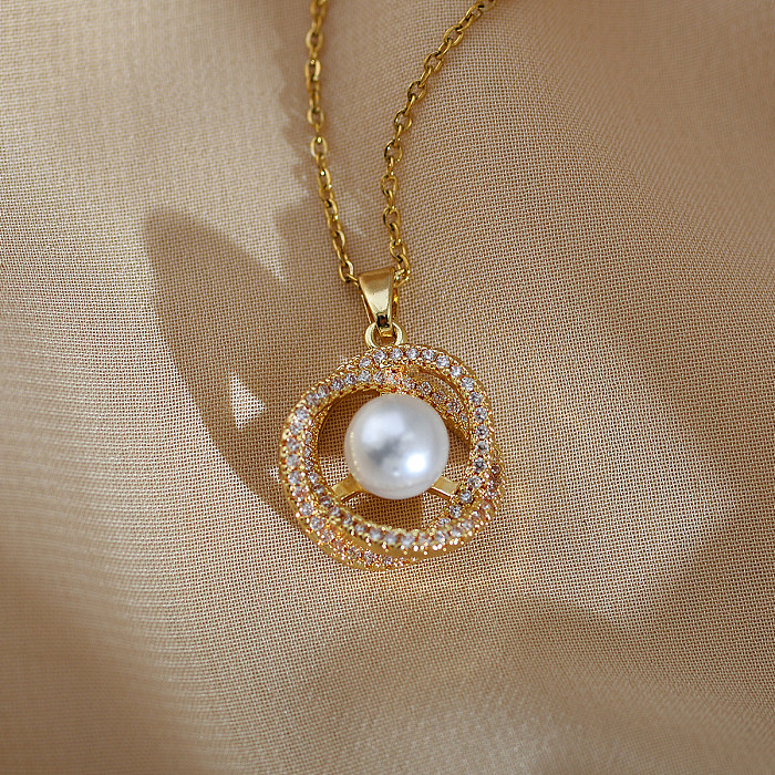 Casual Simple Style Round Stainless Steel Copper Inlay Pearl Zircon Pendant Necklace