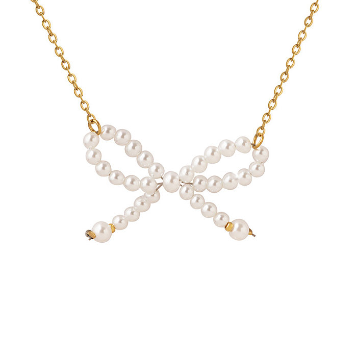 Collier avec pendentif en acier inoxydable plaqué perles, style simple, nœud papillon, 1 pièce