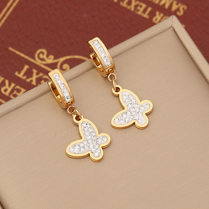 1 Pair Fashion Heart Shape Butterfly Stainless Steel  Plating Zircon Dangling Earrings
