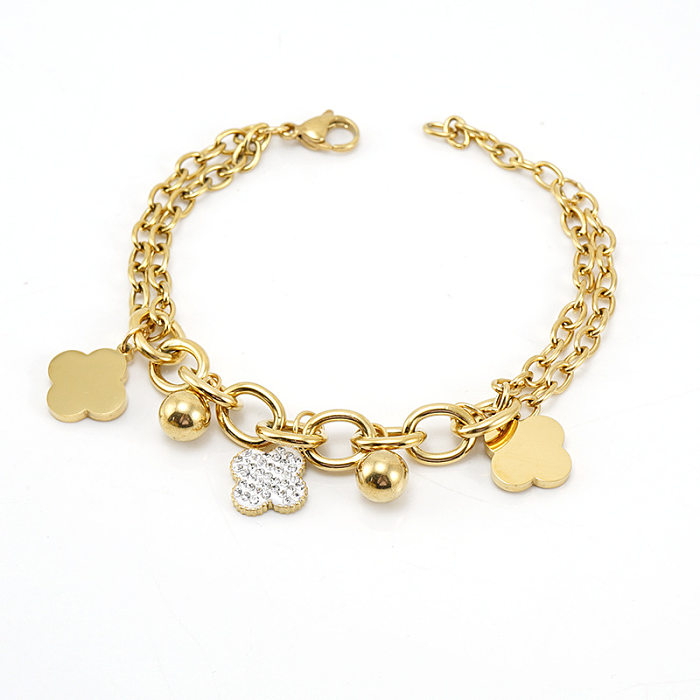 Fashion Four Leaf Clover Flower Titanium Steel Bracelets Rhinestone Plating Stainless Steel Bracelets