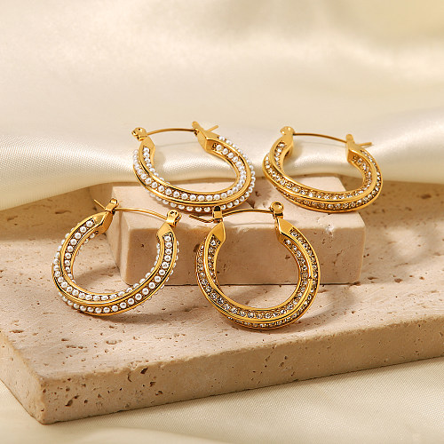 Mode Kreis Edelstahl Inlay künstliche Perlen Zirkon Ohrringe 1 Paar