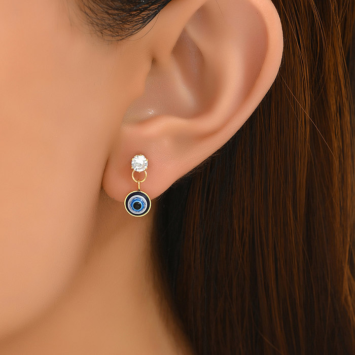 Boucles d'oreilles rétro en forme d'oeil du diable, 1 paire, incrustation en acier inoxydable, Zircon plaqué or 18 carats