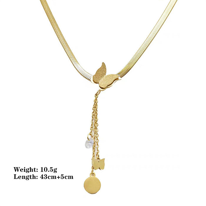 Collier pendentif en Zircon, Style Simple et décontracté, feuilles papillon, placage en acier inoxydable, ajouré, incrustation de perles