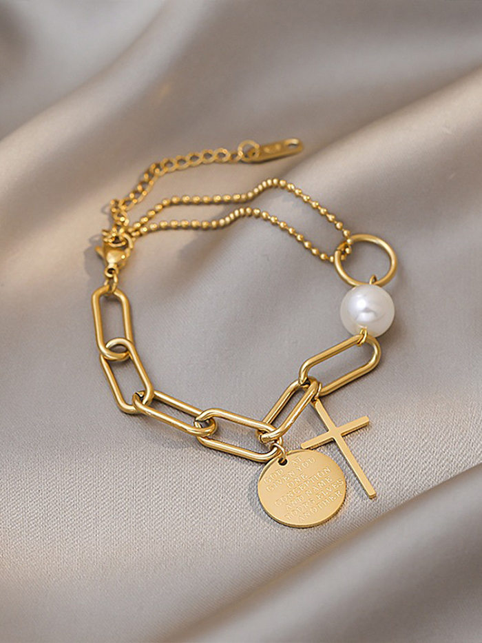 Pulsera de perlas de acero y titanio, marca redonda cruzada, cadena multielemento a la moda, venta al por mayor
