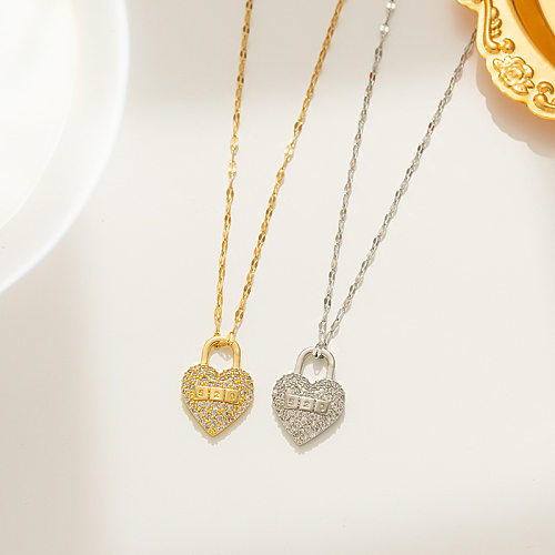 Chinoiserie élégant Streetwear forme de coeur en acier inoxydable incrusté Zircon pendentif collier