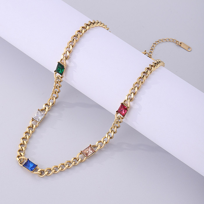 Streetwear Rectangle Stainless Steel  Plating Inlay Zircon 18K Gold Plated Necklace