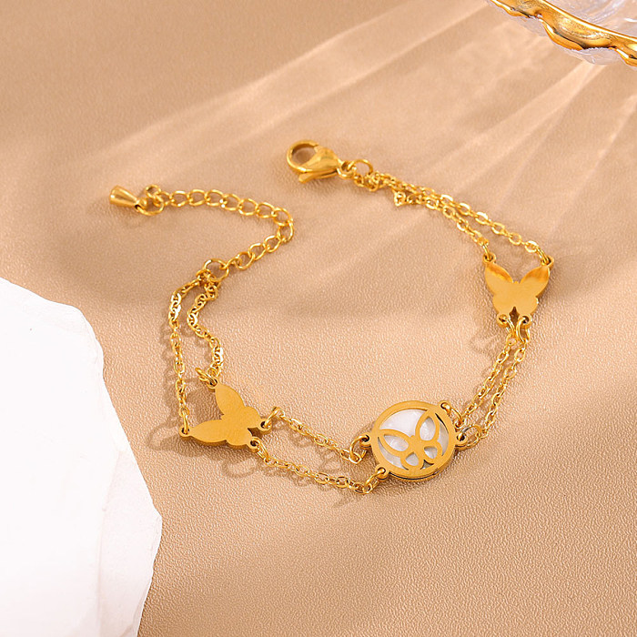 Elegant Simple Style Round Butterfly Titanium Steel Plating Inlay Shell 18K Gold Plated Bracelets
