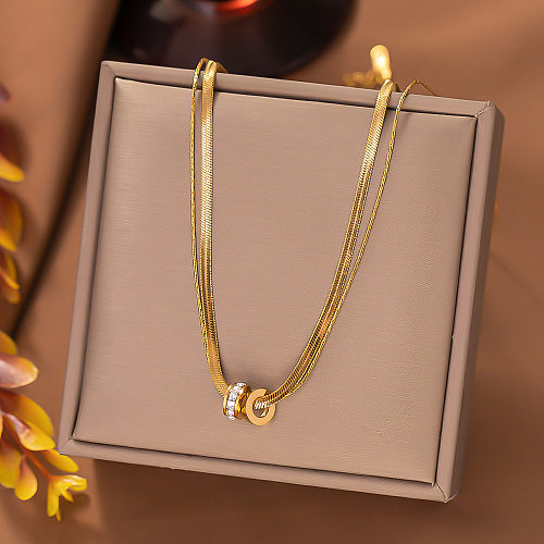 Simple Style Double Ring Stainless Steel Plating Inlay Artificial Diamond Layered Necklaces