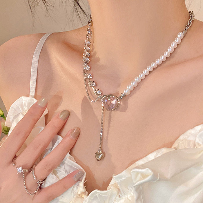 Colliers Multicouches en Zircon de Perles en Acier Inoxydable en Forme de Coeur à la Mode 1 Pièce