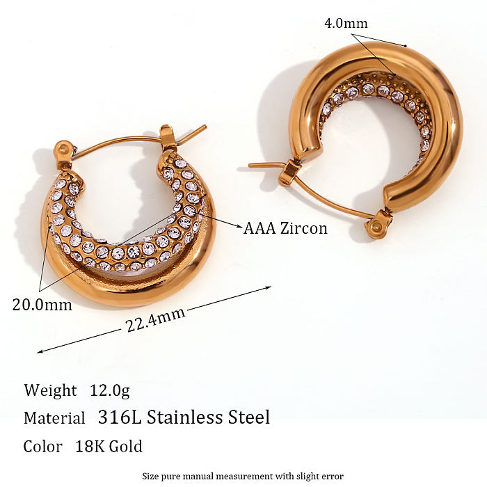 1 paire de boucles d'oreilles rondes en acier inoxydable, Style français, incrustation de Zircon plaqué or 18 carats