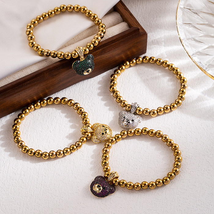 Sweet Bear Stainless Steel Beads Copper  Zircon Bear 18K Gold Plated Bracelets