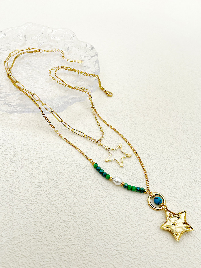 Pentagramme de Style moderne pour vacances, colliers superposés en acier inoxydable, incrustation de perles en cristal Zircon plaqué or