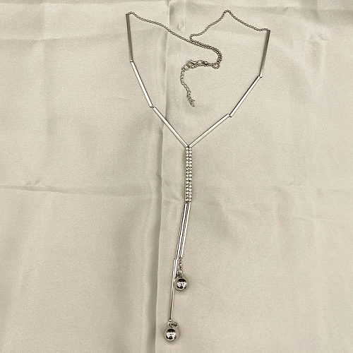 Estilo simples comutar cor sólida aço inoxidável frisado chapeamento incrustações strass banhado a prata camisola corrente longo colar