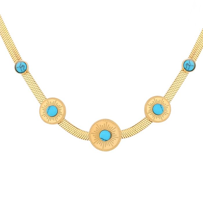 Glamouröse ovale Edelstahl-Anhänger-Halskette mit polierter Beschichtung und Inlay, türkis vergoldet