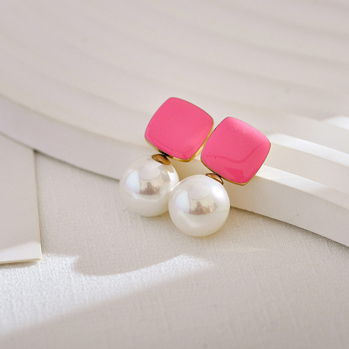 Boucles d'oreilles carrées en émail, Style Simple, incrustation de perles artificielles en acier inoxydable, 1 paire
