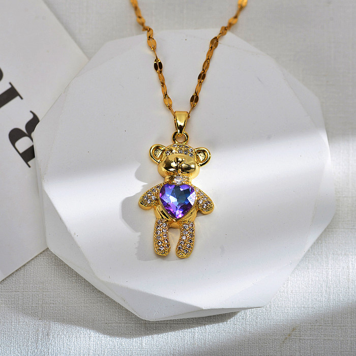 Cute Animal Bear Heart Shape Stainless Steel Copper Inlay Zircon Pendant Necklace