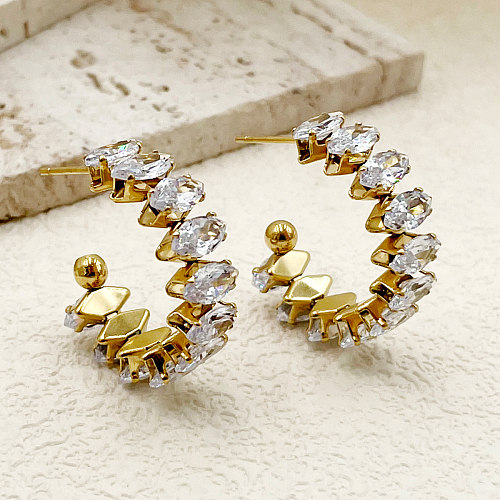 1 Paar elegante C-förmige vergoldete Ohrringe aus Edelstahl mit Zirkon-Inlay