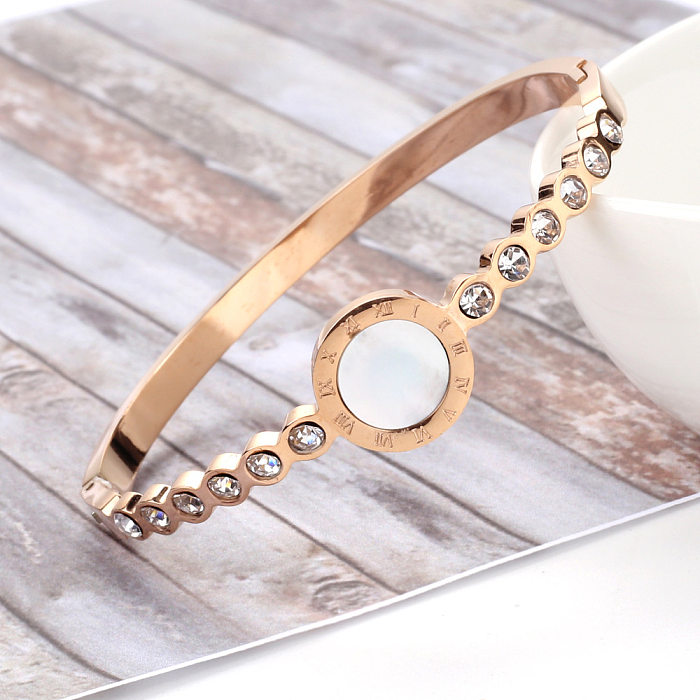 Simple Style Round Stainless Steel Plating Inlay Shell Zircon 18K Gold Plated Bangle