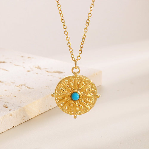 Commute Round Stainless Steel  Plating Inlay Turquoise 18K Gold Plated Pendant Necklace