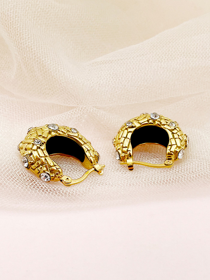 1 par de lujosos pendientes rectangulares chapados en metal de acero inoxidable con incrustaciones de diamantes de imitación chapados en oro de 14 quilates