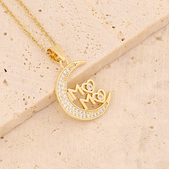 Wholesale Casual MAMA Letter Heart Shape Stainless Steel  Rhinestone 18K Gold Plated Zircon Pendant Necklace