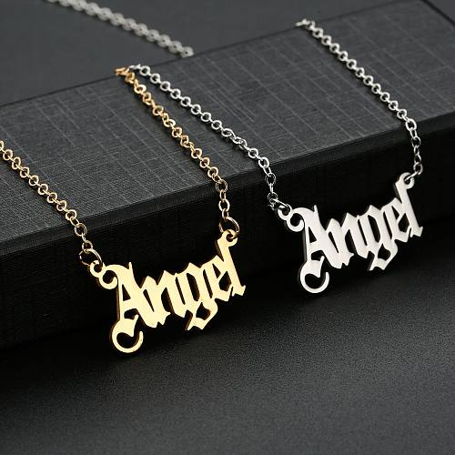 Colar de aço inoxidável com corrente de clavícula de anjo com letras douradas da moda