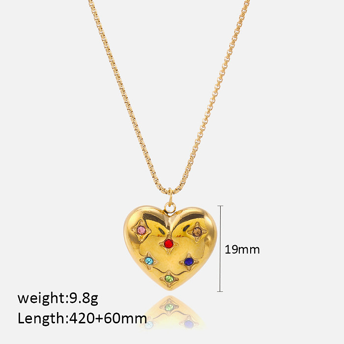 Casual estilo simples forma de coração chapeamento de aço inoxidável inlay zircon 18k banhado a ouro pingente colar longo colar
