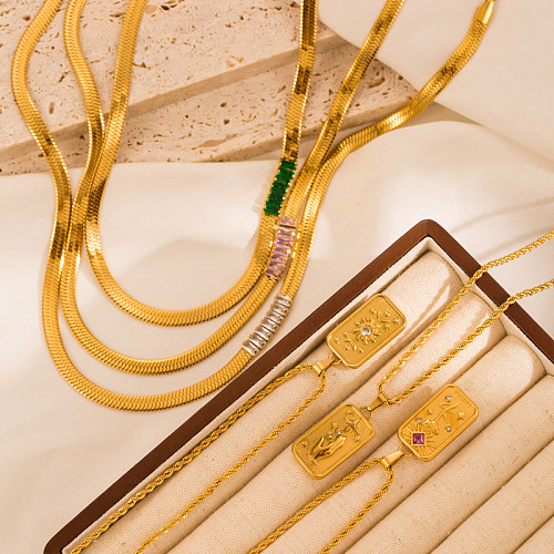 Modische geometrische Edelstahl-Emaille-vergoldete Strass-Anhänger-Halskette, 1 Stück