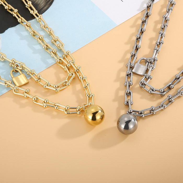 Cross-Border Supply Double-Layer Ball Pendant Padlock European And American Style Necklace Trendy Women's Metal Stitching Chain Accessories One Piece Dropshipping