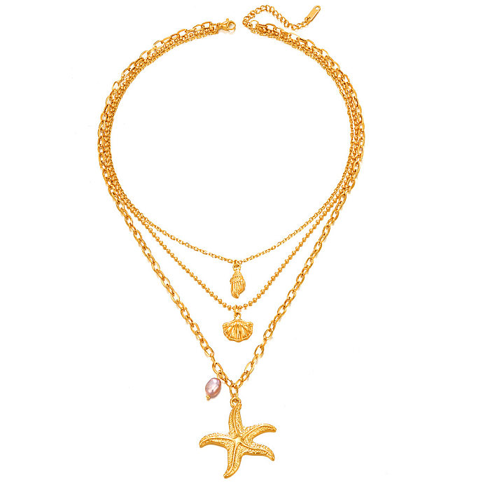 Beach Starfish Conch Shell Stainless Steel  Plating Artificial Pearls Layered Necklaces