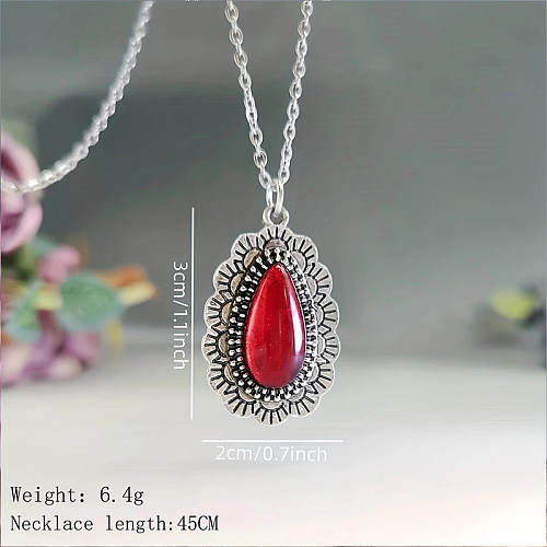 Retro Classic Style Water Droplets Stainless Steel  Alloy Plating Inlay Artificial Gemstones Silver Plated Pendant Necklace