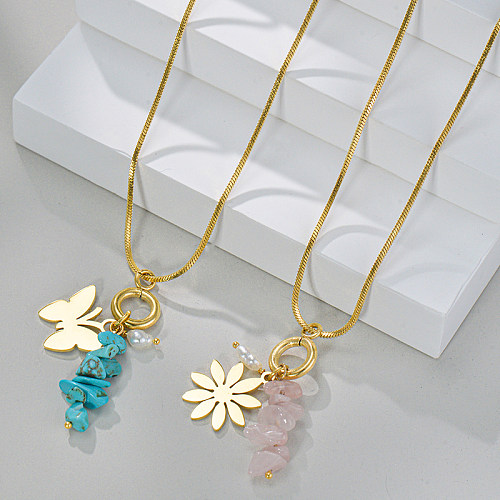 Vintage Style Flower Butterfly Stainless Steel  Plating Artificial Gemstones Necklace