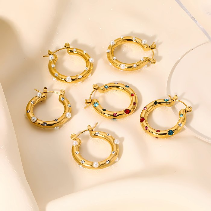 1 Pair Casual Circle Round Polishing Plating Inlay Stainless Steel  Artificial Pearls 18K Gold Plated Earrings