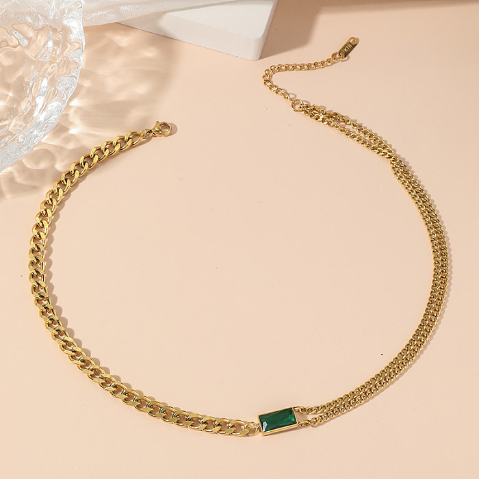 Moderner Stil, schlichter Stil, quadratisch, Edelstahl, poliert, mit Intarsien, Strasssteinen, 18 Karat vergoldete Halskette