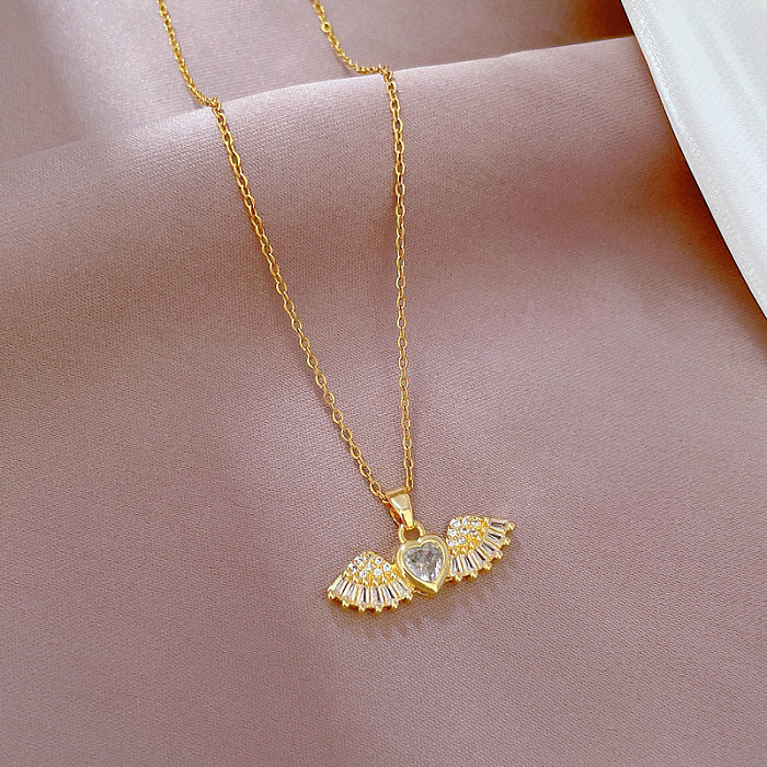 Elegant Modern Style Wings Stainless Steel  Copper Inlay Zircon Pendant Necklace