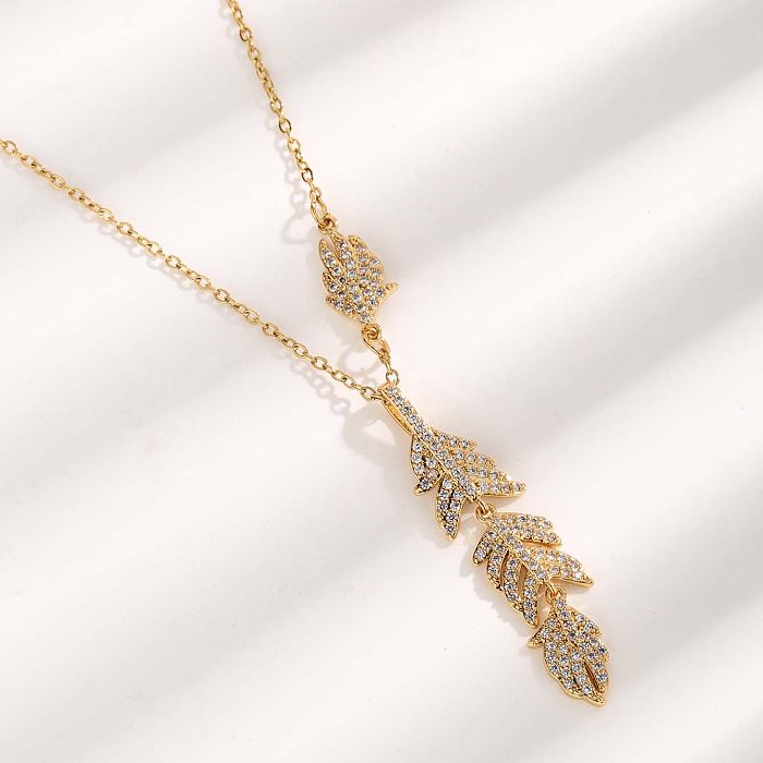 Elegant Glam Simple Style Leaves Water Droplets Solid Color Stainless Steel Plating Inlay Zircon Gold Plated Pendant Necklace