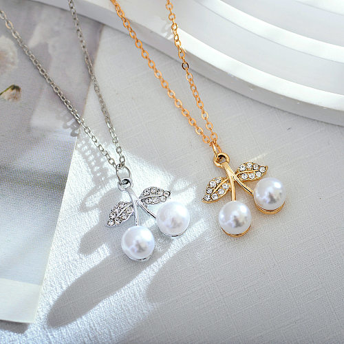 Korean Style Diamond-Embedded Sweet Creative Double Shell Pearls Cherry Leaf Pendant Women's Fashion Personalized Pendant Eardrop Frame Finished Product Wholesale