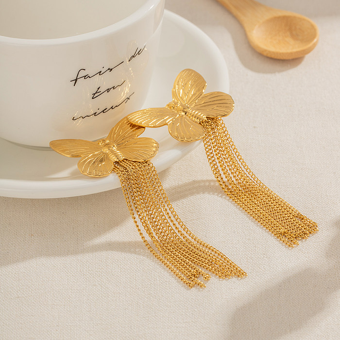 1 Pair IG Style Retro Modern Style Tassel Butterfly Plating Stainless Steel  18K Gold Plated Drop Earrings