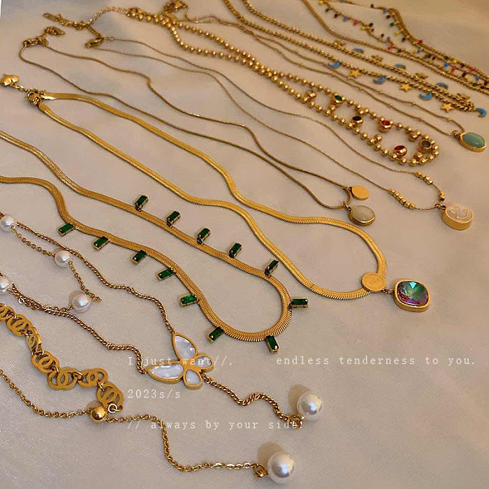 Schlichter Stil, geometrische Legierung, Edelstahl-Beschichtung, Intarsien, künstliche Perlen, türkisfarbene Strasssteine