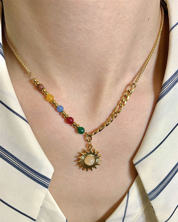Collier avec pendentif en opale et incrustation de perles en acier inoxydable, Style Simple, soleil