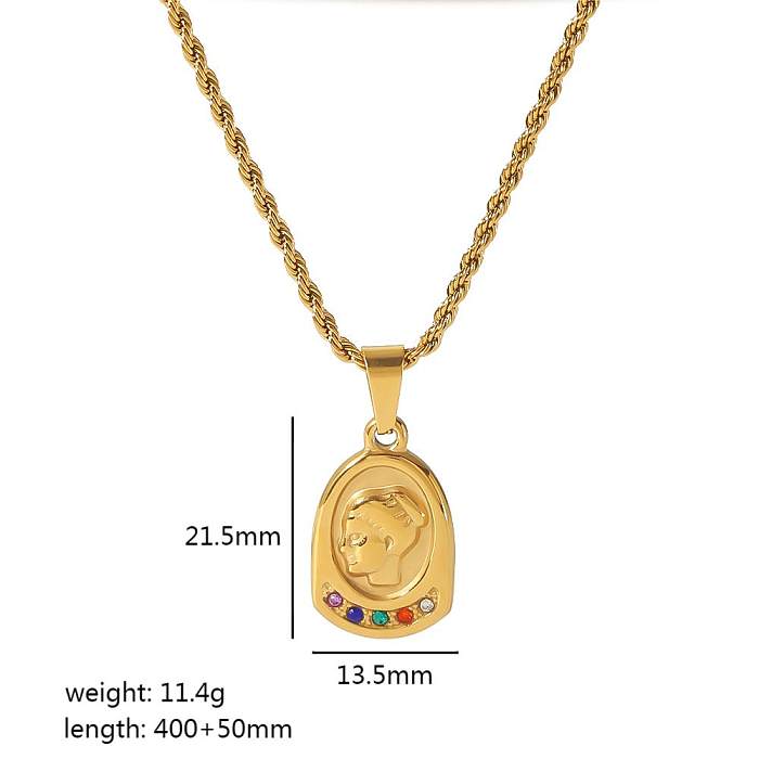 Retro Portrait Oval Heart Shape Stainless Steel  Polishing Plating Inlay Turquoise 18K Gold Plated Pendant Necklace
