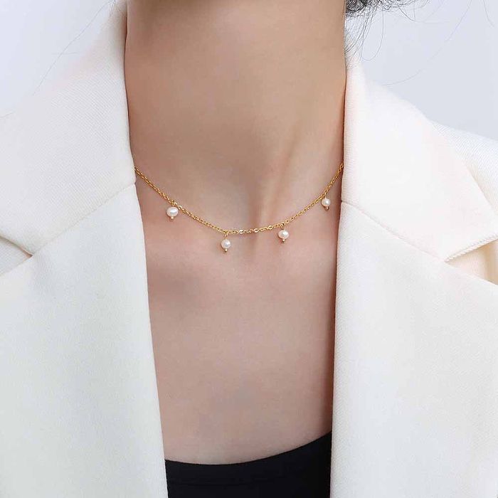 Joyería simple del collar de costura de la perla de agua dulce del oro 18k plateado del acero inoxidable