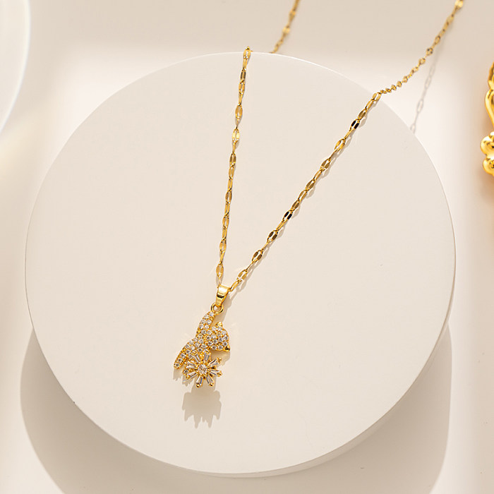 Einfache Halskette mit Anhänger „Kleiner Bär“ aus Edelstahl mit Zirkoneinlage und 18 Karat vergoldet