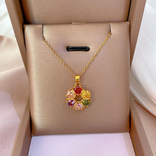 Casual Simple Style Round Stainless Steel Plating Inlay Zircon Pendant Necklace