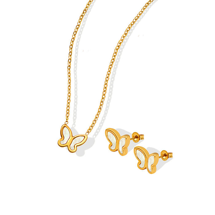 Conjunto de collar de concha de mar blanco de mariposa simple Pendientes Pendientes de botón Acero de titanio de oro de 18 quilates
