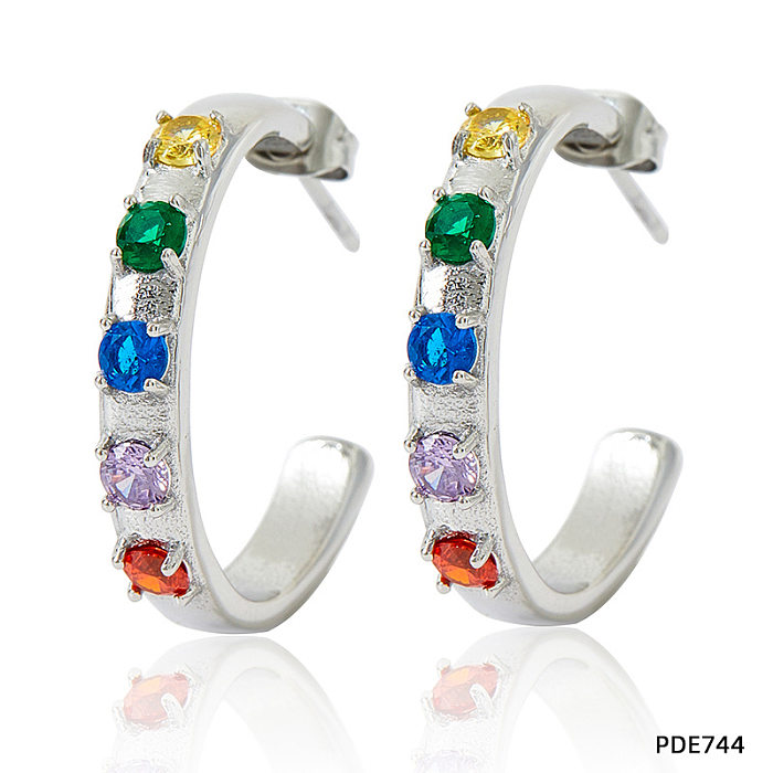 1 Paar süße C-förmige Plating-Inlay-Ohrringe aus Edelstahl mit künstlichen Edelsteinen