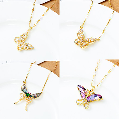 Sweet Butterfly Stainless Steel Copper Handmade Gold Plated Inlay Zircon Pendant Necklace 1 Piece